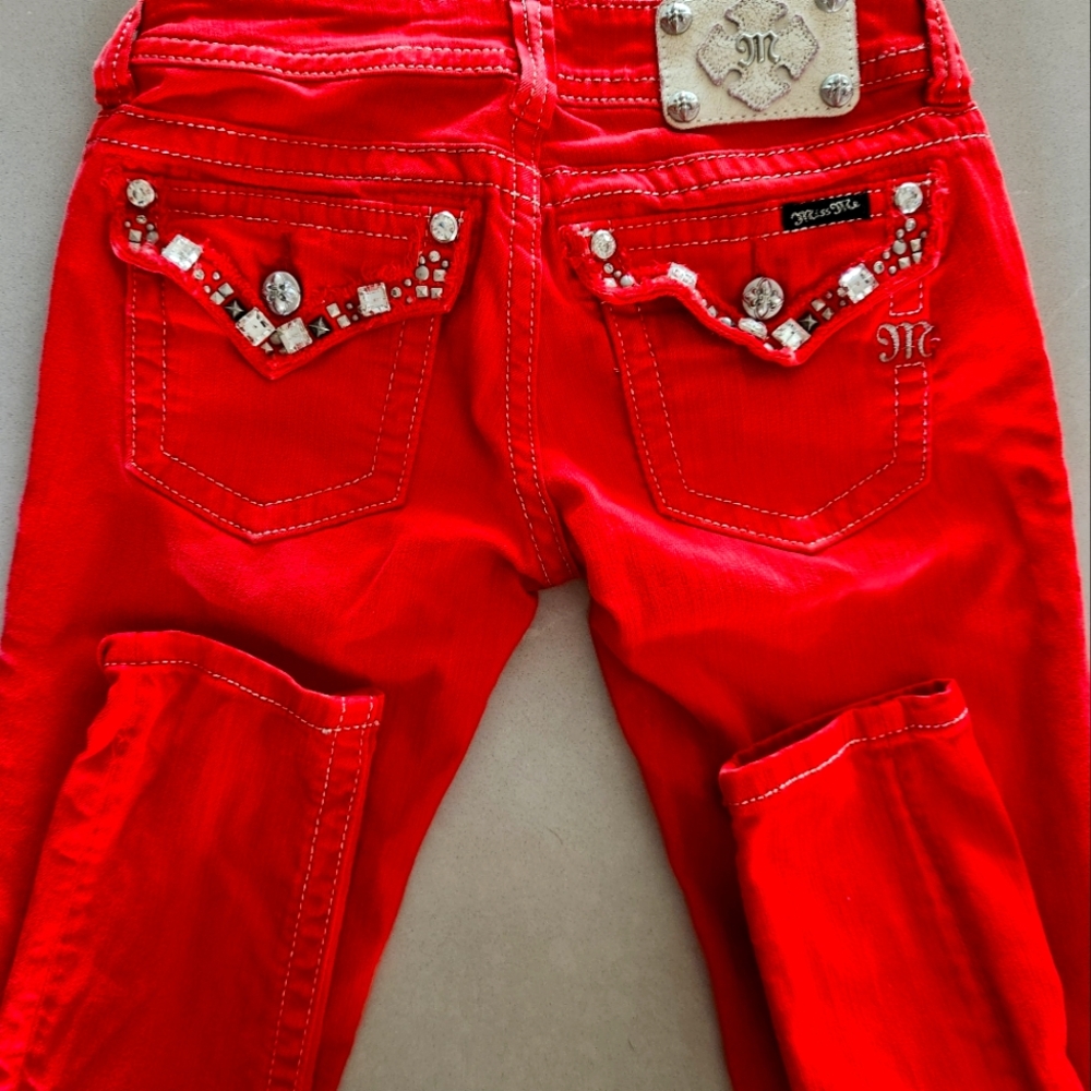 Women's Red Embellished Miss Me Jeans